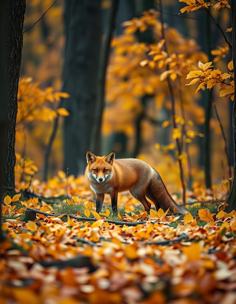 a fox is standing in the woods with leaves on the ground