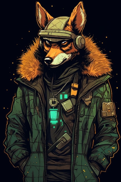 A fox in a jacket with a hood and a hood.