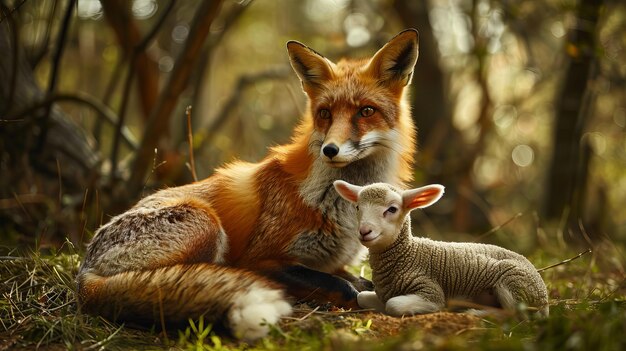 Fox and Lamb Sitting Together Unlikely Friendship in Nature