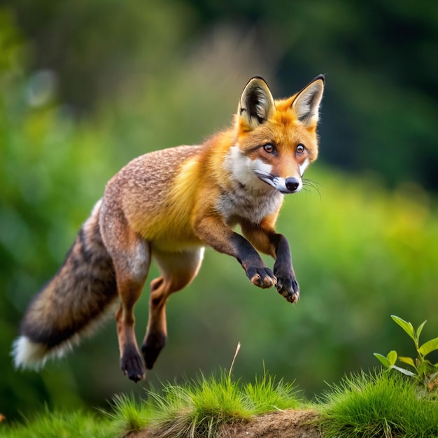 Fox long jump Red fox Vulpes vulpes jumping in winter forest Wild vixen hunting on snowy forest meadow Orange fur coat animal in habitat Clever beast with fluffy tail Action wildlife Cute fox