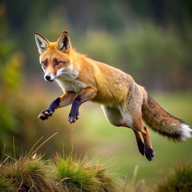 Photo fox long jump red fox vulpes vulpes jumping in winter forest wild vixen hunting on snowy forest meadow orange fur coat animal in habitat clever beast with fluffy tail action wildlife cute fox