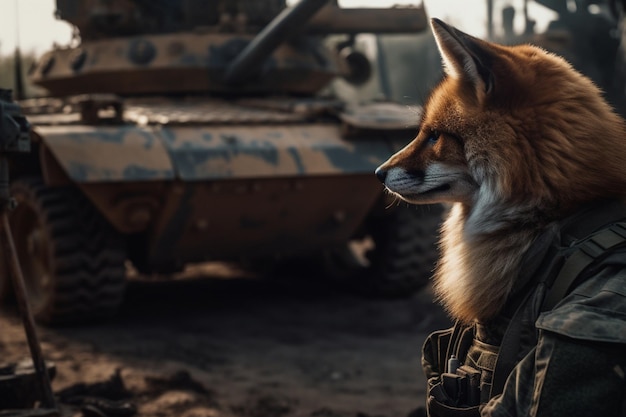 A fox in a military uniform stands in front of a tank.