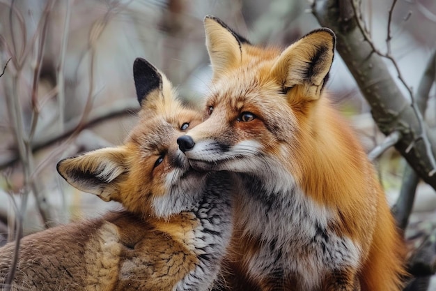 A fox mother and her kit playfully interact