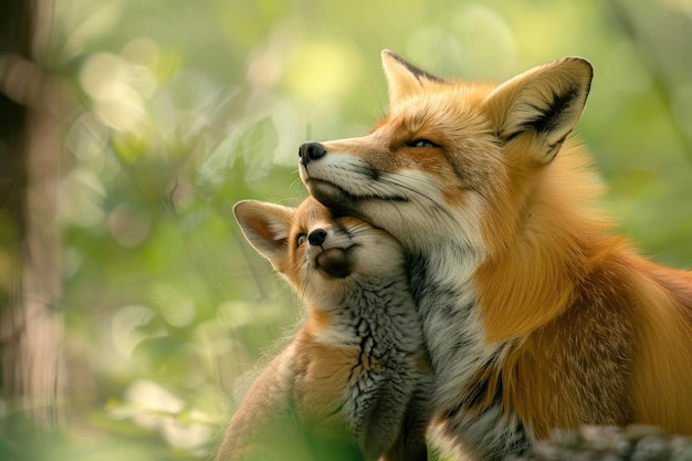 A fox mother and her kit playfully interact