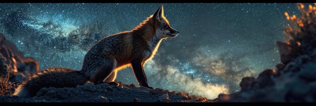 fox observing the starry sky under the milky way