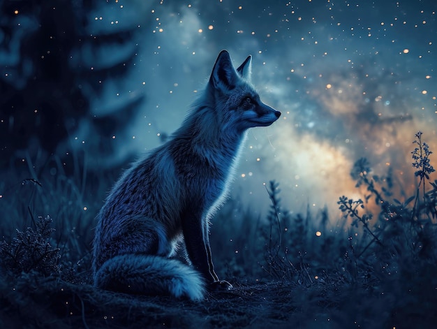 fox observing the starry sky under the milky way