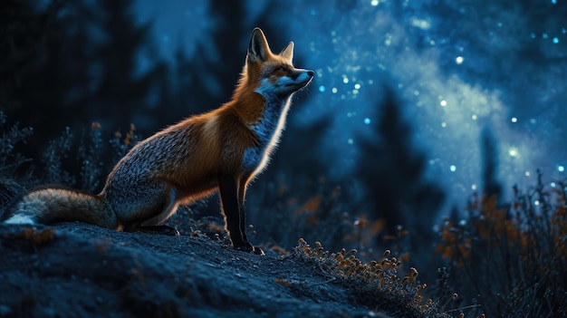 fox observing the starry sky under the milky way