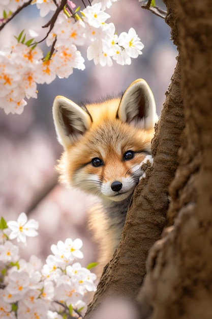 A fox peeking out of a tree with flowers on it