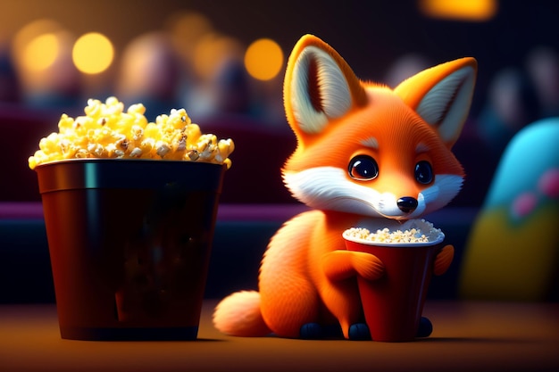 A fox and popcorn on a table