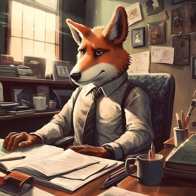 Fox Portrait as businessman in a stylish classic suit in the office animal boss in human body entrepreneur anthropomorphic illustration Generative AI