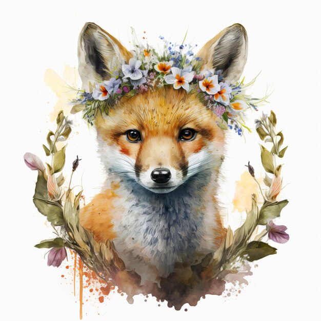 Fox portrait drawing with flowersxA white background Generative AI