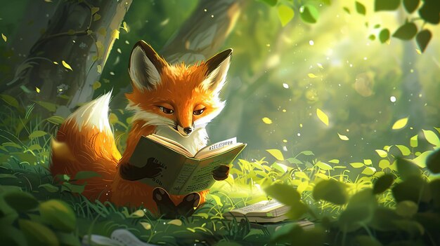 Fox Reading in a Magical Forest