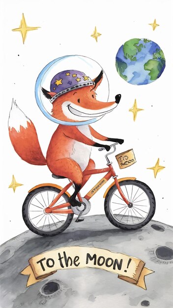 Photo a fox rides a bicycle on the moon fantastic dream about space watercolor poster illustration for ki