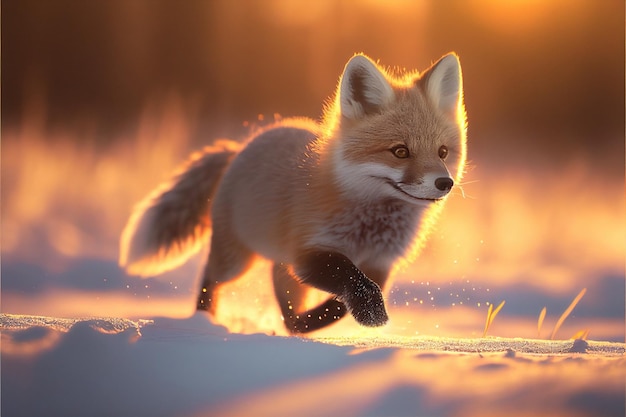 A fox runs through the snow with the sun shining on it.