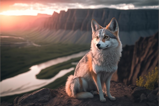 A fox sits on a cliff in front of a mountain landscape.