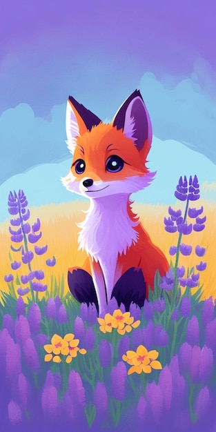 A fox sits in a field of flowers.