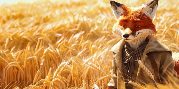 Photo a fox sits in a field of wheat with a scarf around its neck