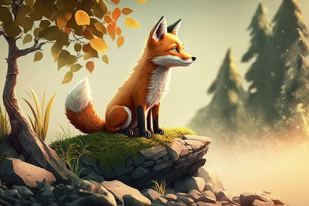 A fox sits on a rock in the forest.