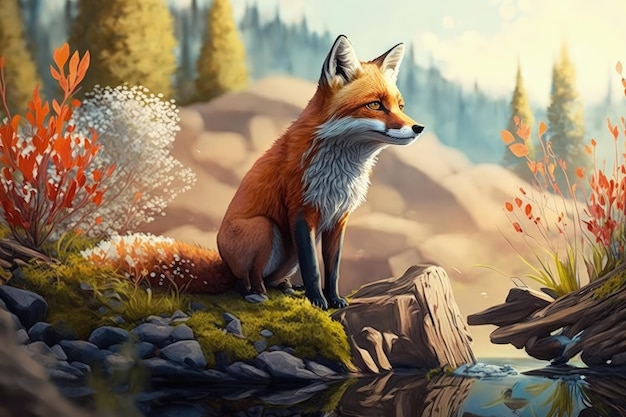 A fox sits on a rock in a forest.