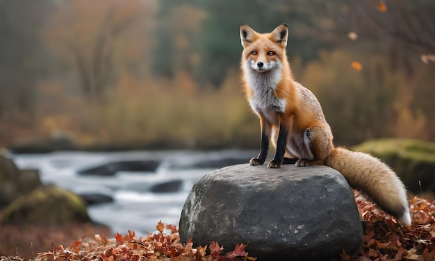 Photo a fox sits on a rock in front of a river