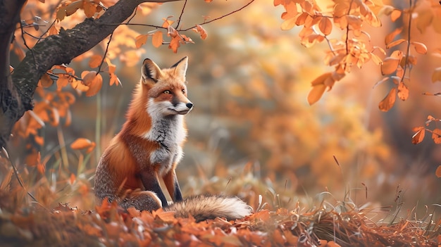 a fox sits in the woods in autumn