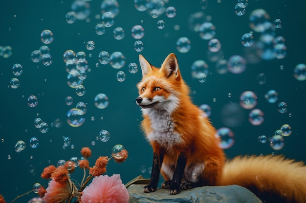 a fox sitting on a rock surrounded by bubbles