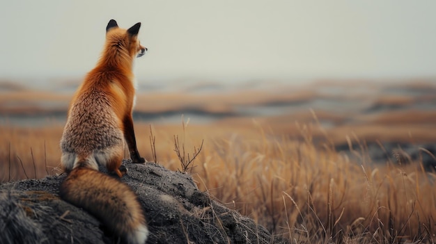 A fox sitting on top of a rock in a field Perfect for nature and wildlife themes