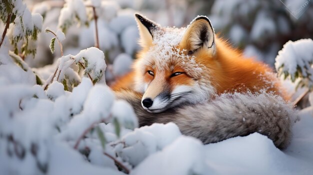 Fox sleeping on a bed of snow