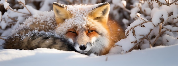 Fox sleeping on a bed of snow