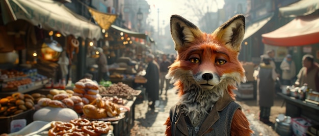 Photo fox snacking on a pretzel at a street fair