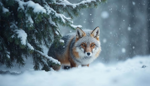 Fox in snowy forest setting camouflaged by trees