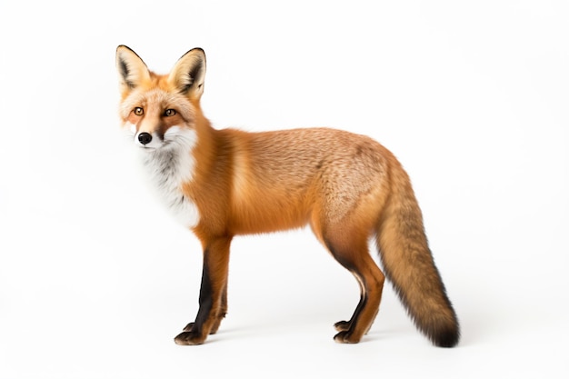 a fox standing on a white surface with a white background