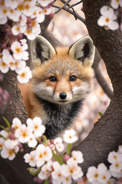 A fox in a tree with flowers