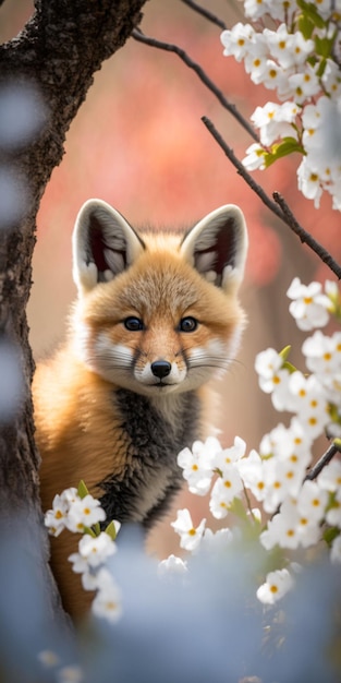 A fox in a tree with white flowers