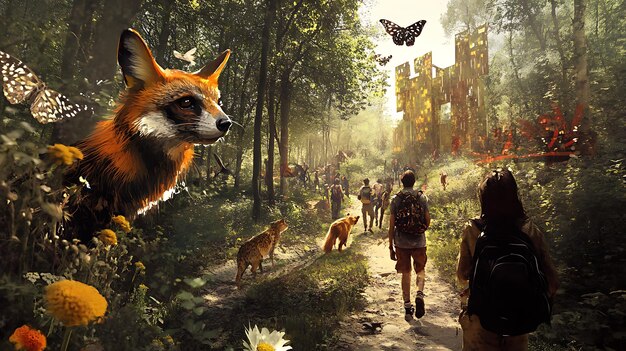 Photo a fox watches as people walk through a magical forest