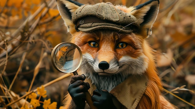 Photo a fox wearing a cap and gloves holds a magnifying glass in an autumnal forest