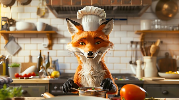 A fox wearing a chefs hat stirs a pot of food in a kitchen