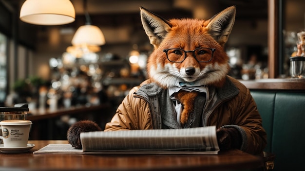 A fox wearing glasses and reading a newspaper at a coffee shop