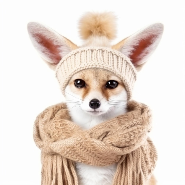 a fox wearing a knitted hat and scarf