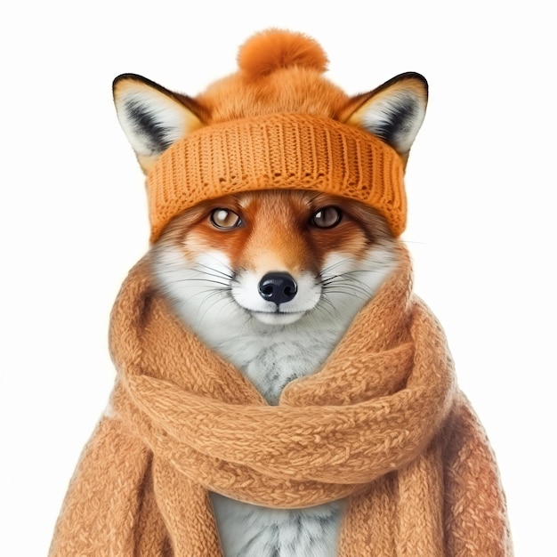 a fox wearing a knitted hat and scarf