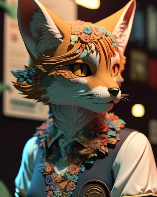 A fox wearing a mask with flowers on it