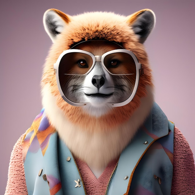 Fox wearing oversized sunglasses and a colorful jacket portrait of a trendy fox animal fashion cute animal in a cool outfit