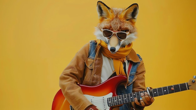 Photo a fox wearing sunglasses and a leather jacket plays an electric guitar in front of a yellow background