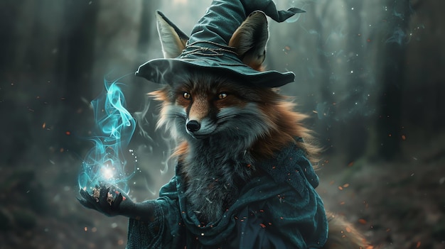 A fox wearing a wizard hat casts a spell in a misty forest