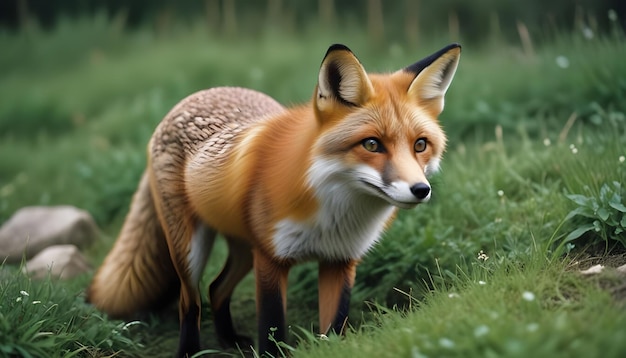 a fox with a black spot on its nose is standing in a field