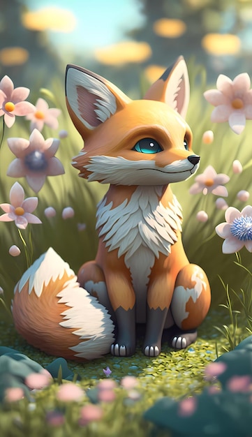 A fox with blue eyes sits in a field of flowers.