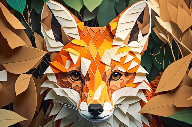 A fox with a brown face is surrounded by leaves.