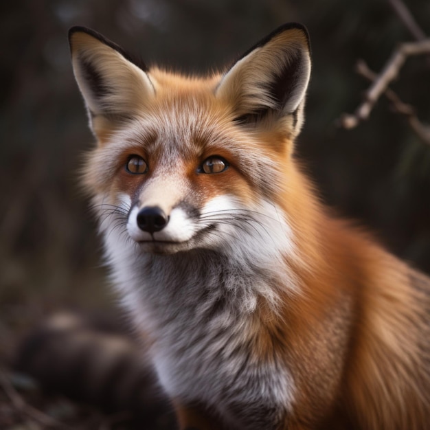 A fox with a brown nose and orange eyes is looking at the camera.