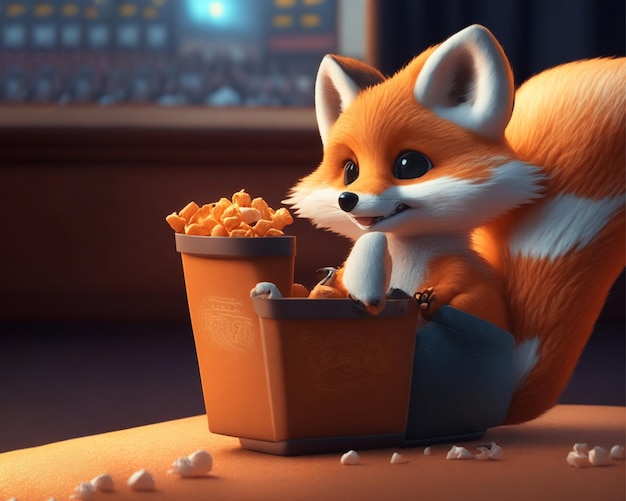 fox with a bucket of popcorn