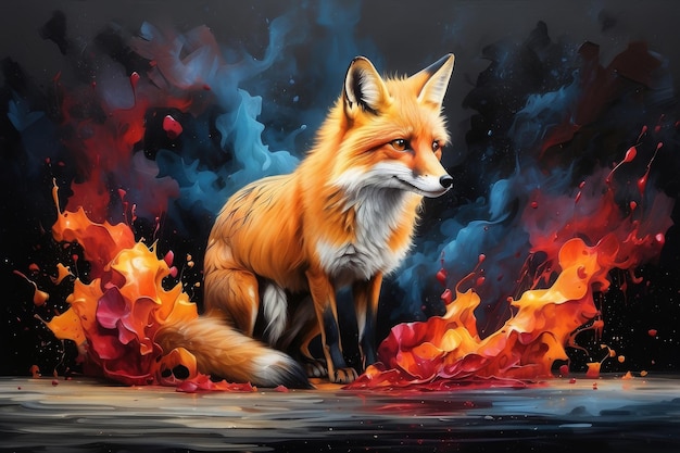 a fox with flames in the background and a fire in the middle